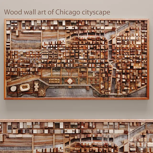 Wood wall art of Chicago cityscape. wall decor. plank panels. wooden decor. boards. wooden wall. panel. slats. city. picture. frame. panel 3DModel