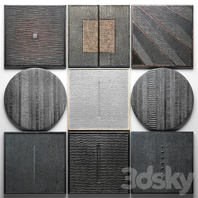 Wood Wall Sculpture. wall decor. a set of paintings. luxury. panels. loft. black painting. eco design. natural decor. wooden. interior. stylish. carving 3DModel