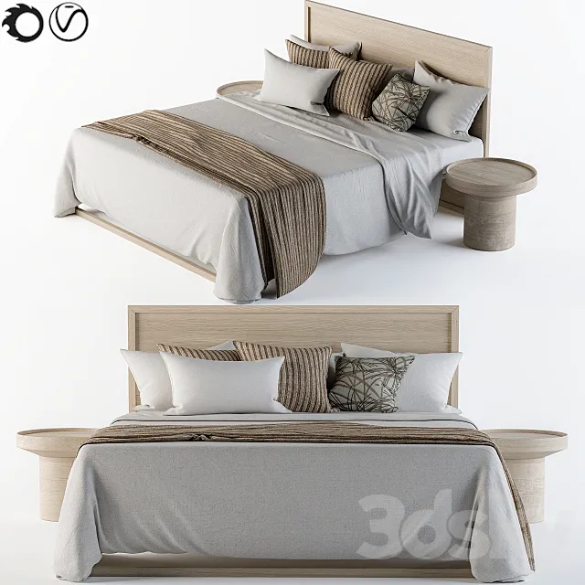 Wooden Bed Set white and Brown 3D Model