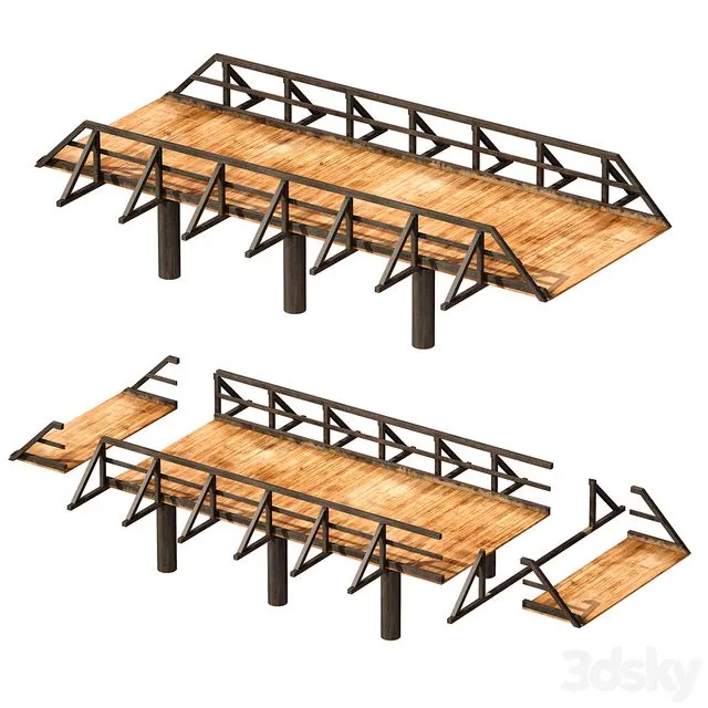 Wooden bridge over the river. Constructor 3D Model