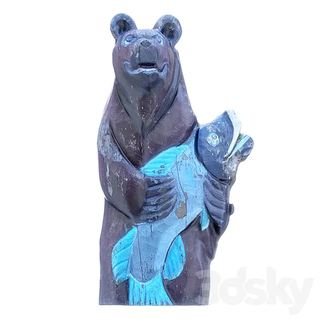 Wooden brown bear with fish 3D Model