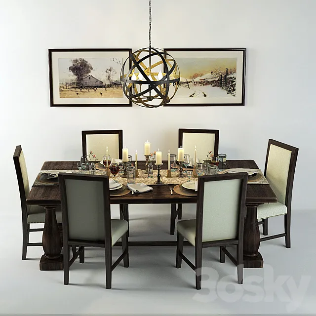 Wooden dining table with chairs 3DModel