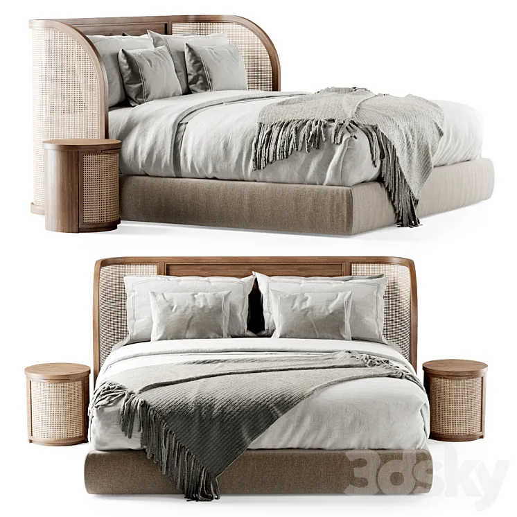 Wooden double bed DB57 / Double bed rattan 3D Model Free