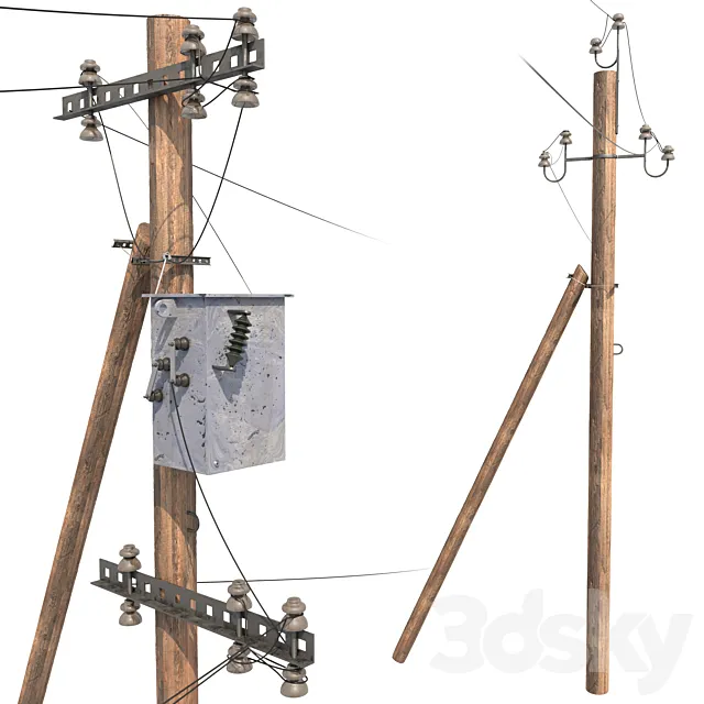 Wooden electricity transmission poles with wires 3D Model