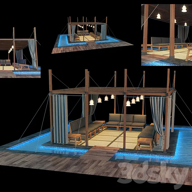 Wooden Gazebo with pool and curtains 3D Model