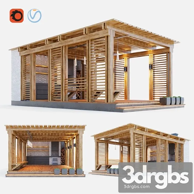 Wooden gazebo with summer kitchen 3D Model Download