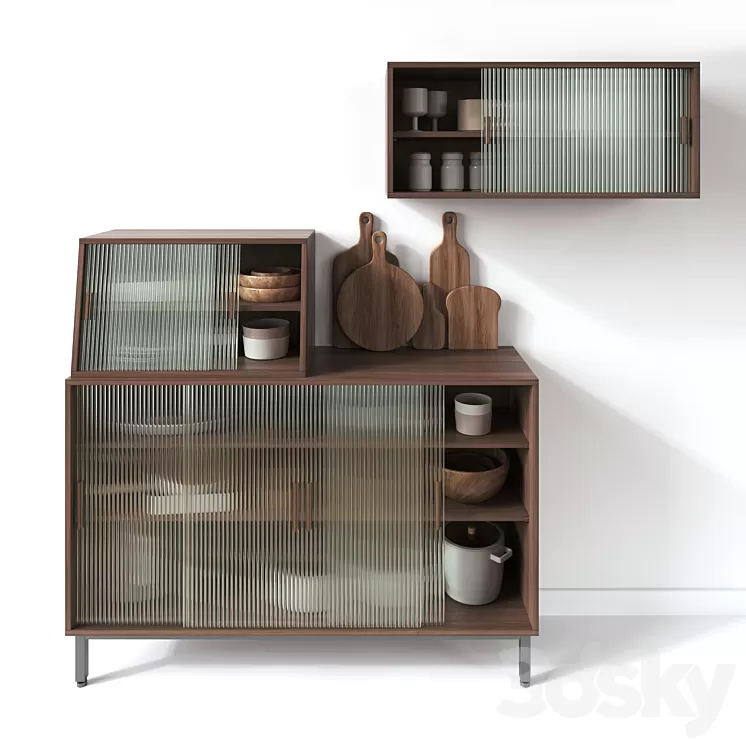 Wooden Glass Cabinets with Kitchen accessories 3D Model Free