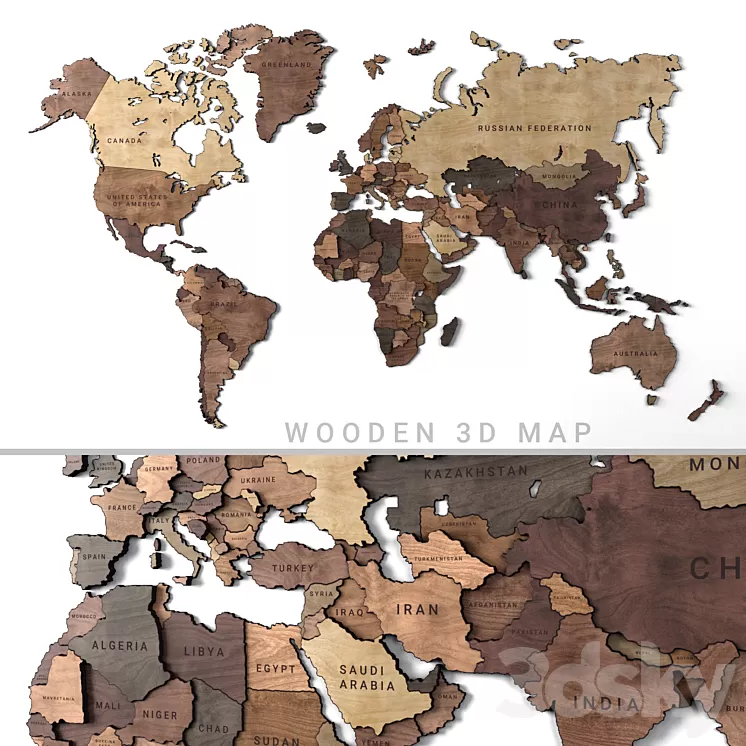 Wooden panel – world map 2 3D Model