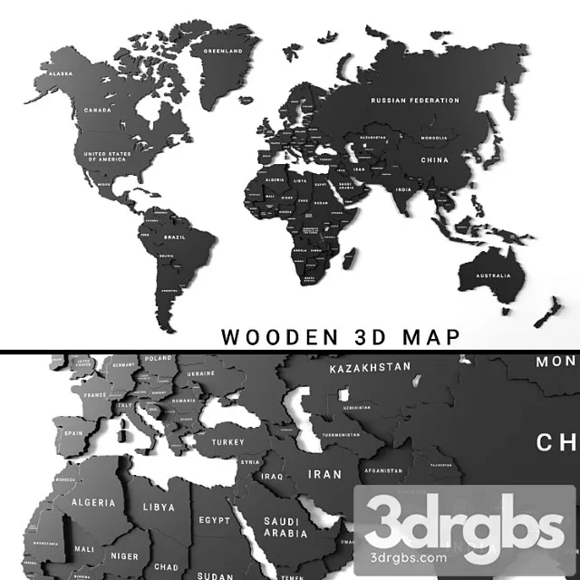Wooden Panel World Map 3 3D Model Free