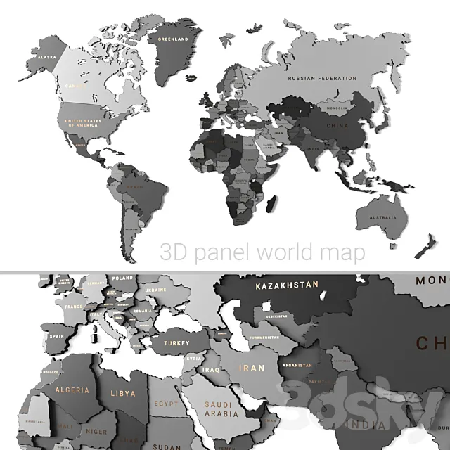Wooden panel – world map GRAY 3DModel