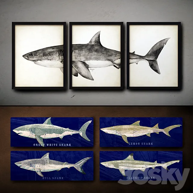 Wooden panels. 37. Collection of marine theme. Sharks 3D Model
