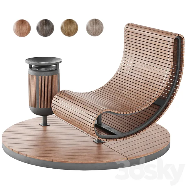 Wooden park bench and trash can LV 003 3D Model