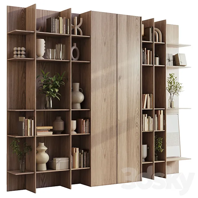 wooden Shelves Decorative With Plants and Book - Wooden Rack 09 3D Model