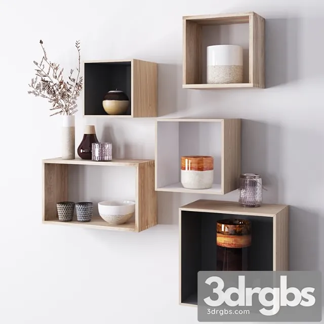 Wooden shelves with decorative objects 3D Model Free