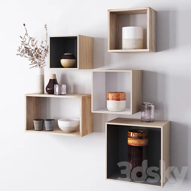 Wooden shelves with decorative objects 3D Model