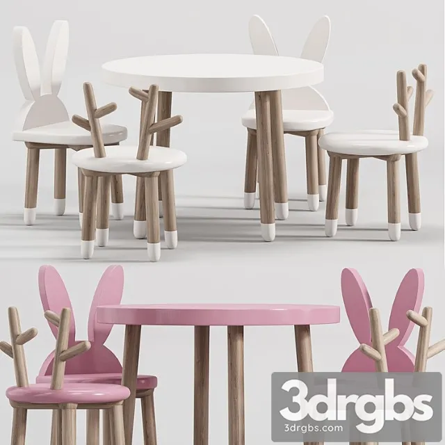 Wooden Table Chair Set For Kids 2 3D Model Free