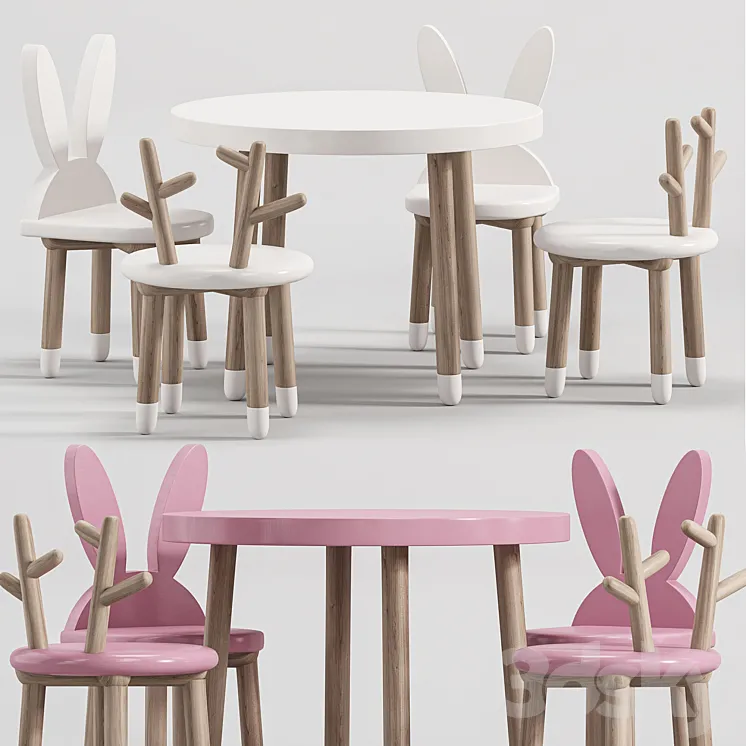 Wooden Table Chair Set for kids 2 3D Model Free