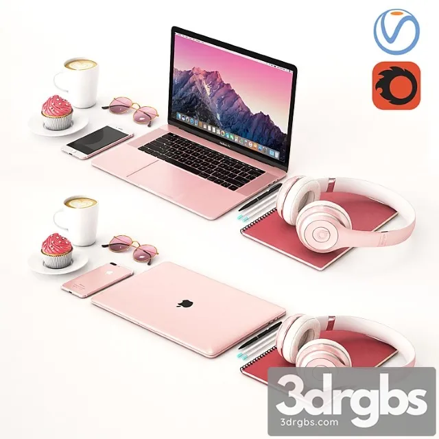 Workplace Rose Gold MacBook 3D Model Free