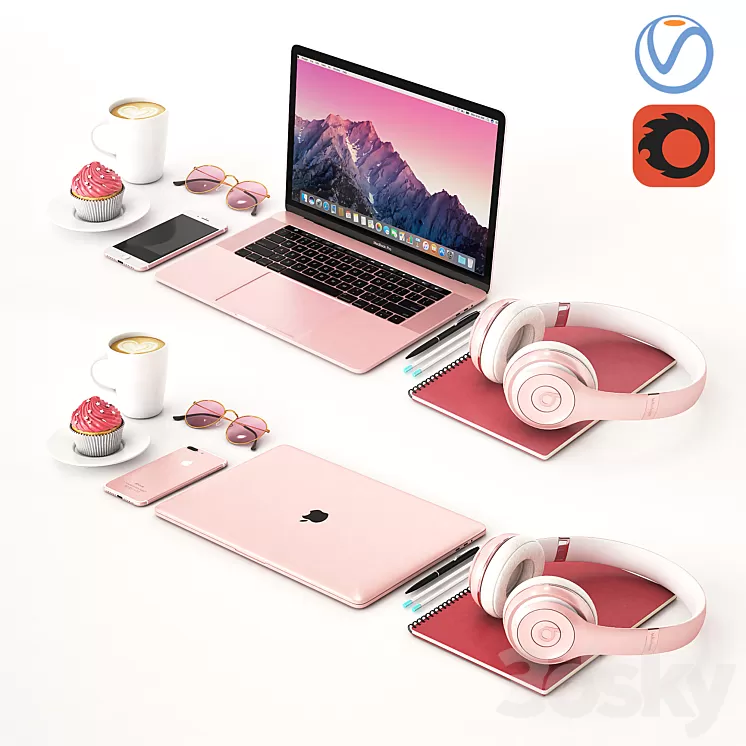 Workplace Rose Gold MacBook 3D Model
