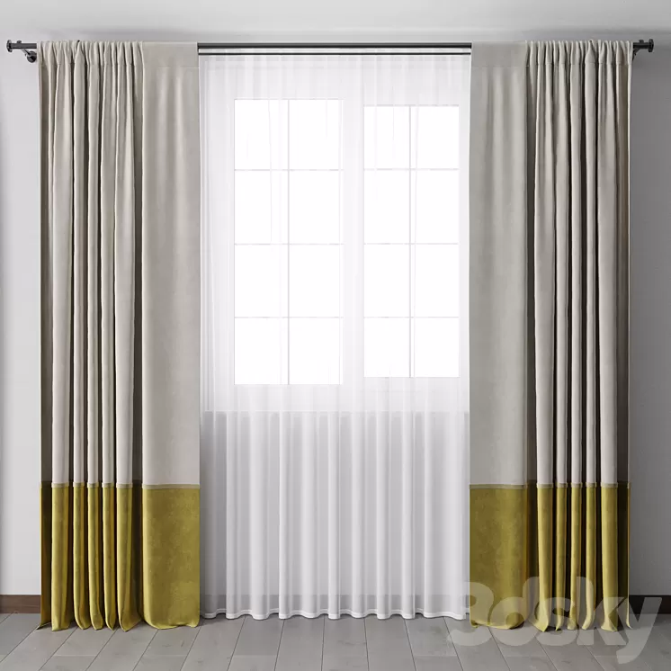 yellow Curtains with metal curtain rod 07 3D Model Free