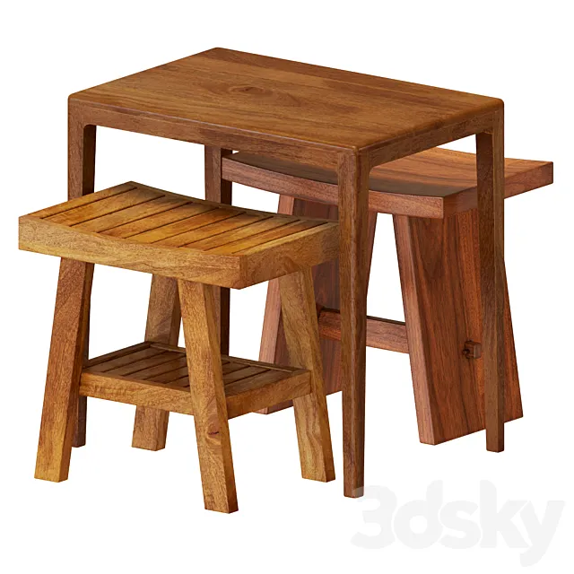 Zara Wooden Table And Stools 3D Model
